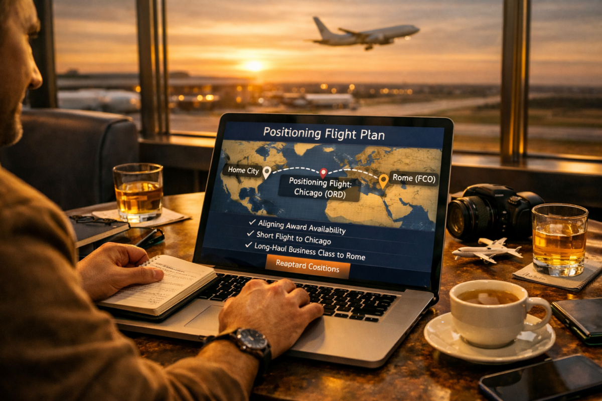 Traveler planning connecting flights on laptop with map of Europe