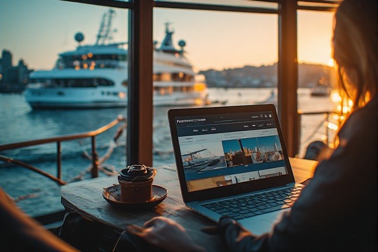 Traveler booking premium class boat travel with cruise ship in background