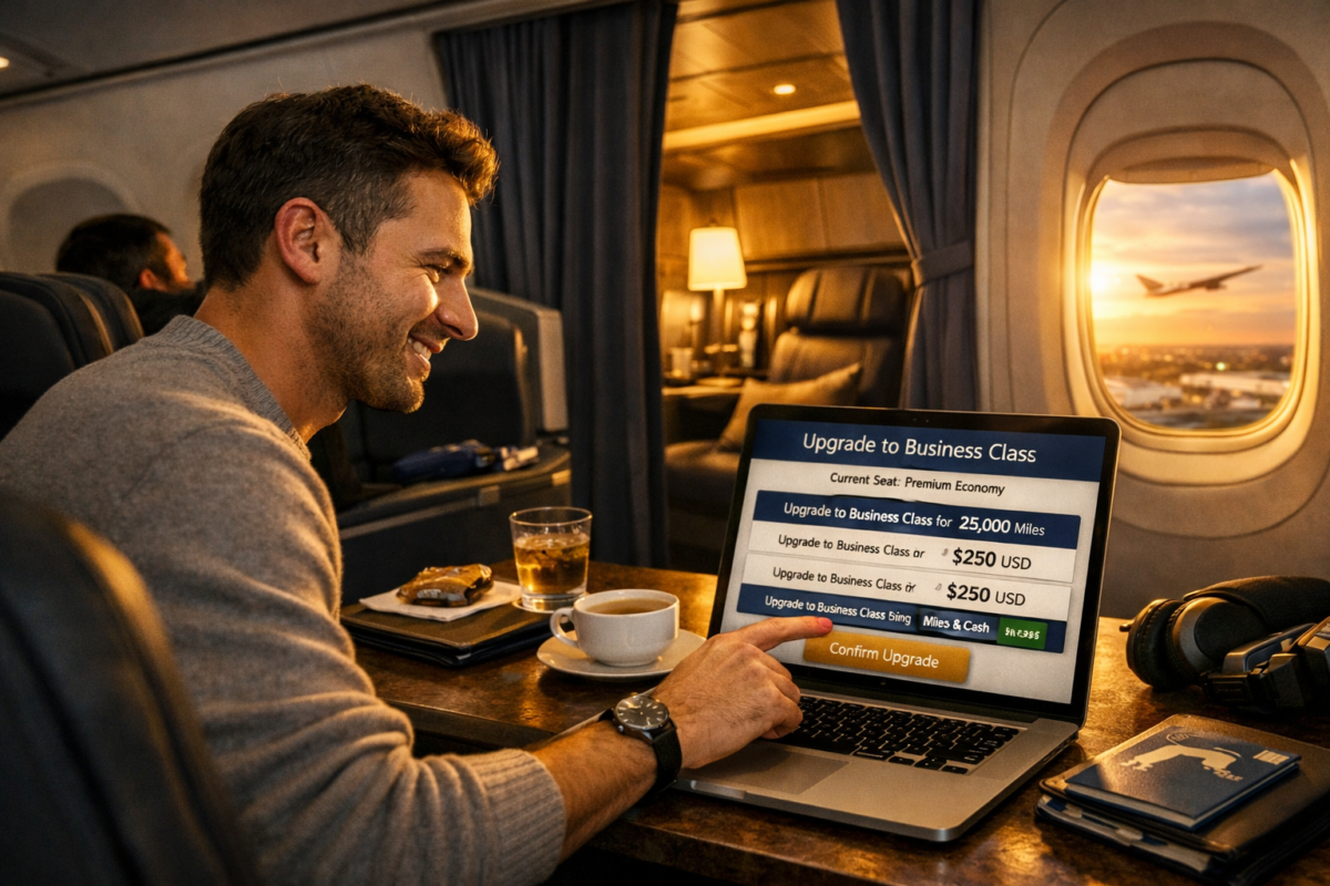 Passenger using laptop to upgrade from premium economy to business class mid‑flight