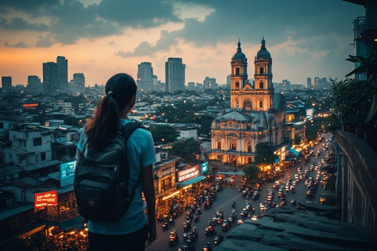 Traveler experiencing Ho Chi Minh City’s vibrant streets and skyline at sunset