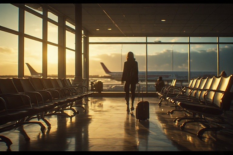 Traveler enjoying quiet airport lounge before boarding undersold flight
