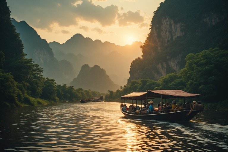 Traveler sailing along the Mekong River toward Luang Prabang at sunset