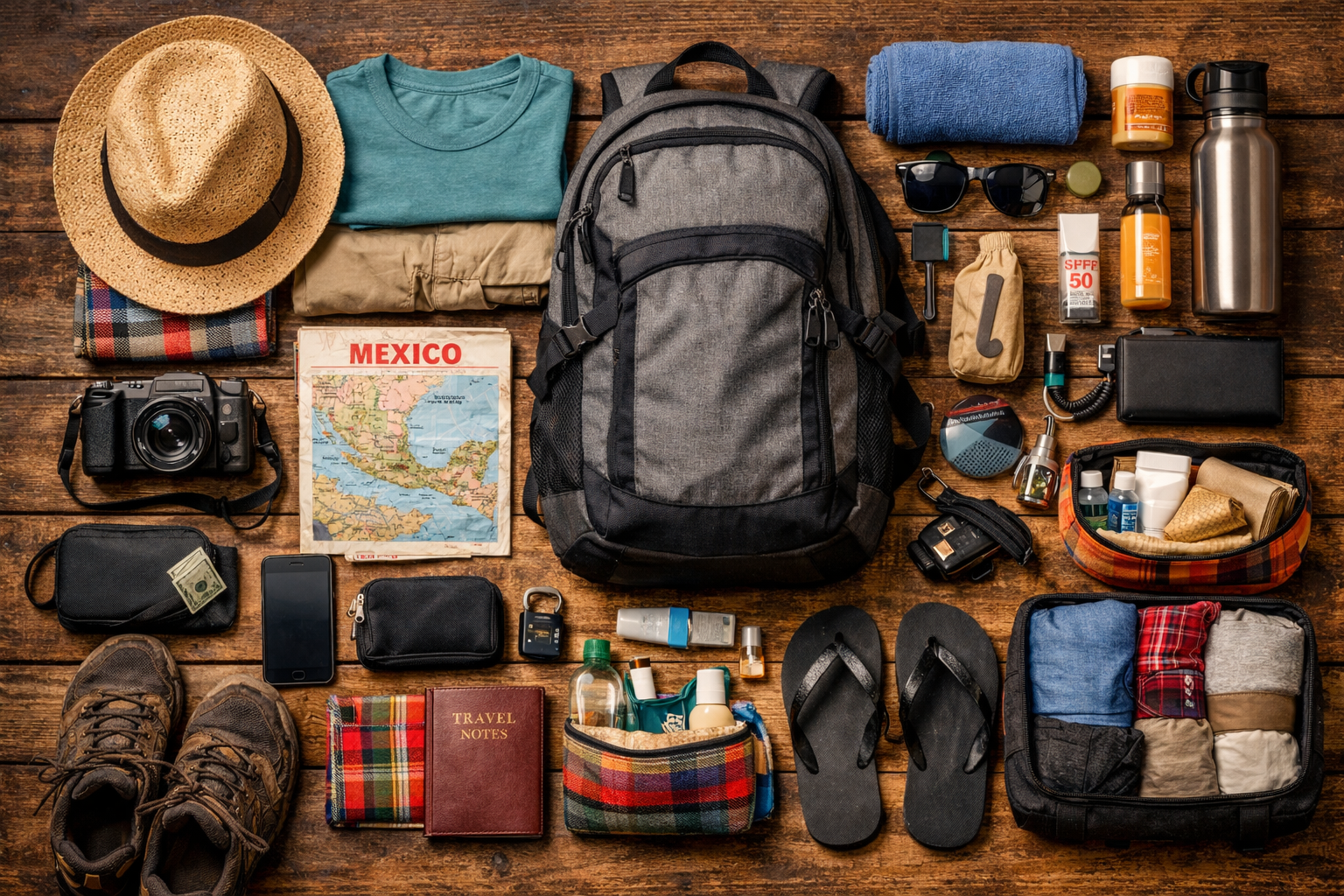A flat‑lay of travel essentials neatly arranged on a rustic wooden surface—backpack, hat, shoes, map, and compact accessories. Packing list