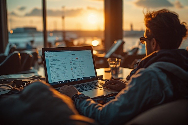 Traveler reviewing flight prices on laptop with comparison charts