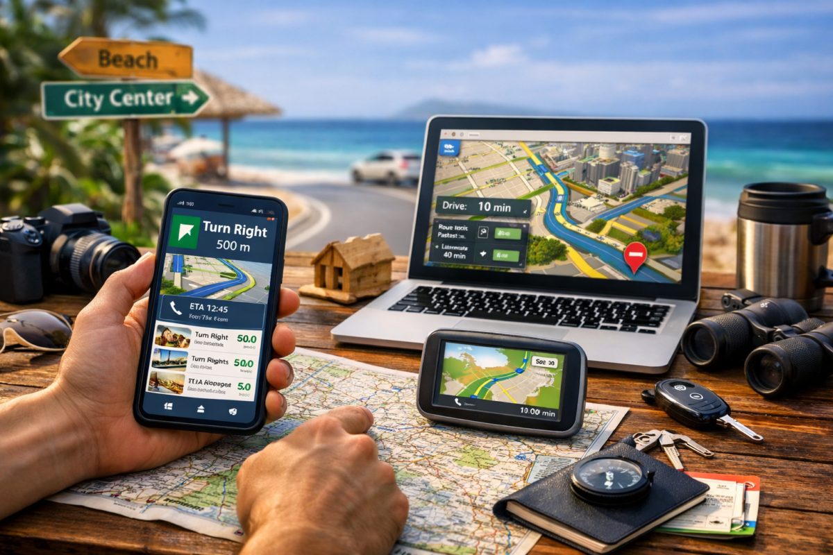 Traveler using phone and laptop to navigate routes with GPS apps in a tropical setting. travel money saving apps