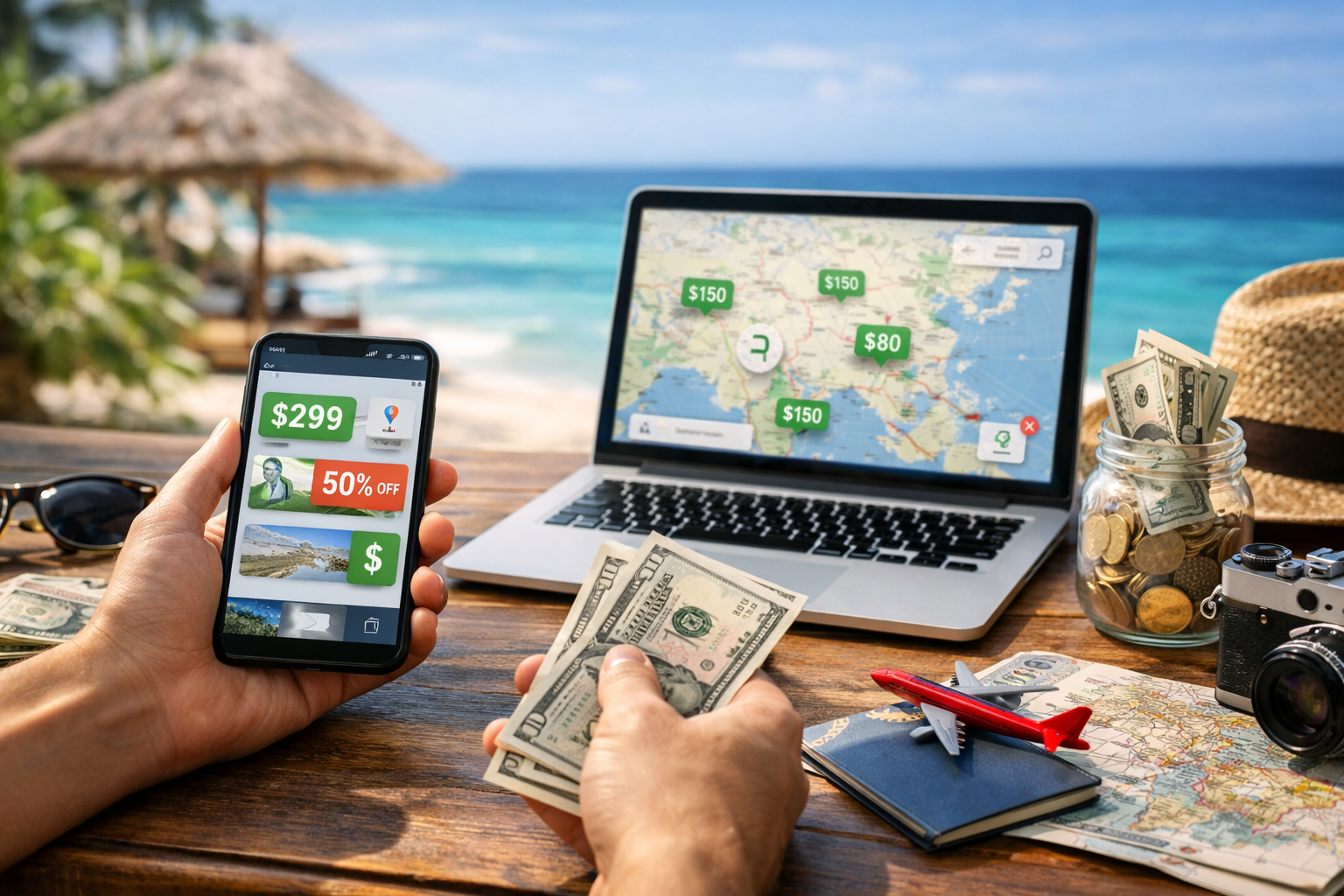 Traveler using phone apps to find cheap flights and hotel deals. Best Travel Apps