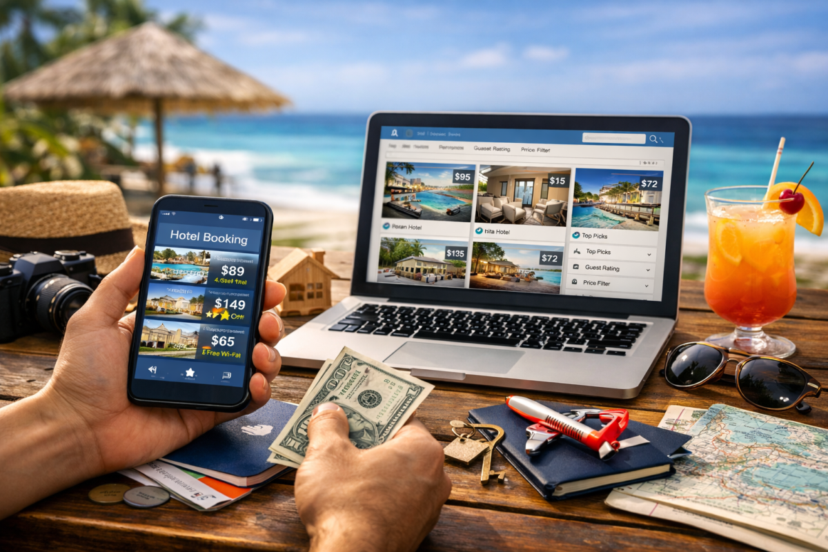 Traveler using phone and laptop to compare hotel deals in a tropical setting. best travel apps to save money
