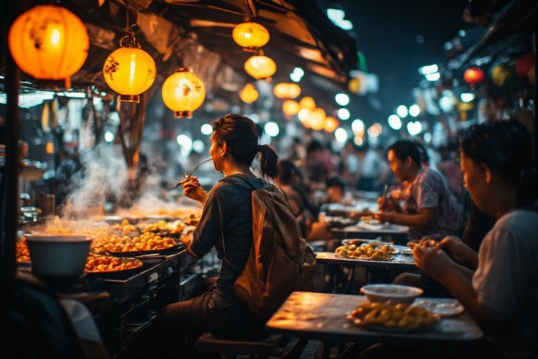 Traveler enjoying local street food at a bustling night market