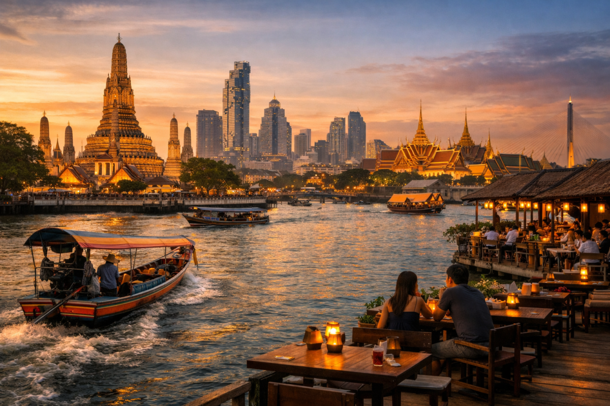 Long-tail boat gliding past Wat Arun and Bangkok skyline at sunset. Southeast Asia budget trip 3 weeks $800