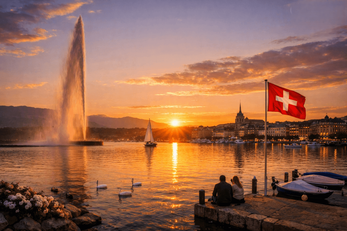 The Jet d’Eau fountain rises beside sailboats on Lake Geneva as the sun sets behind distant mountains.