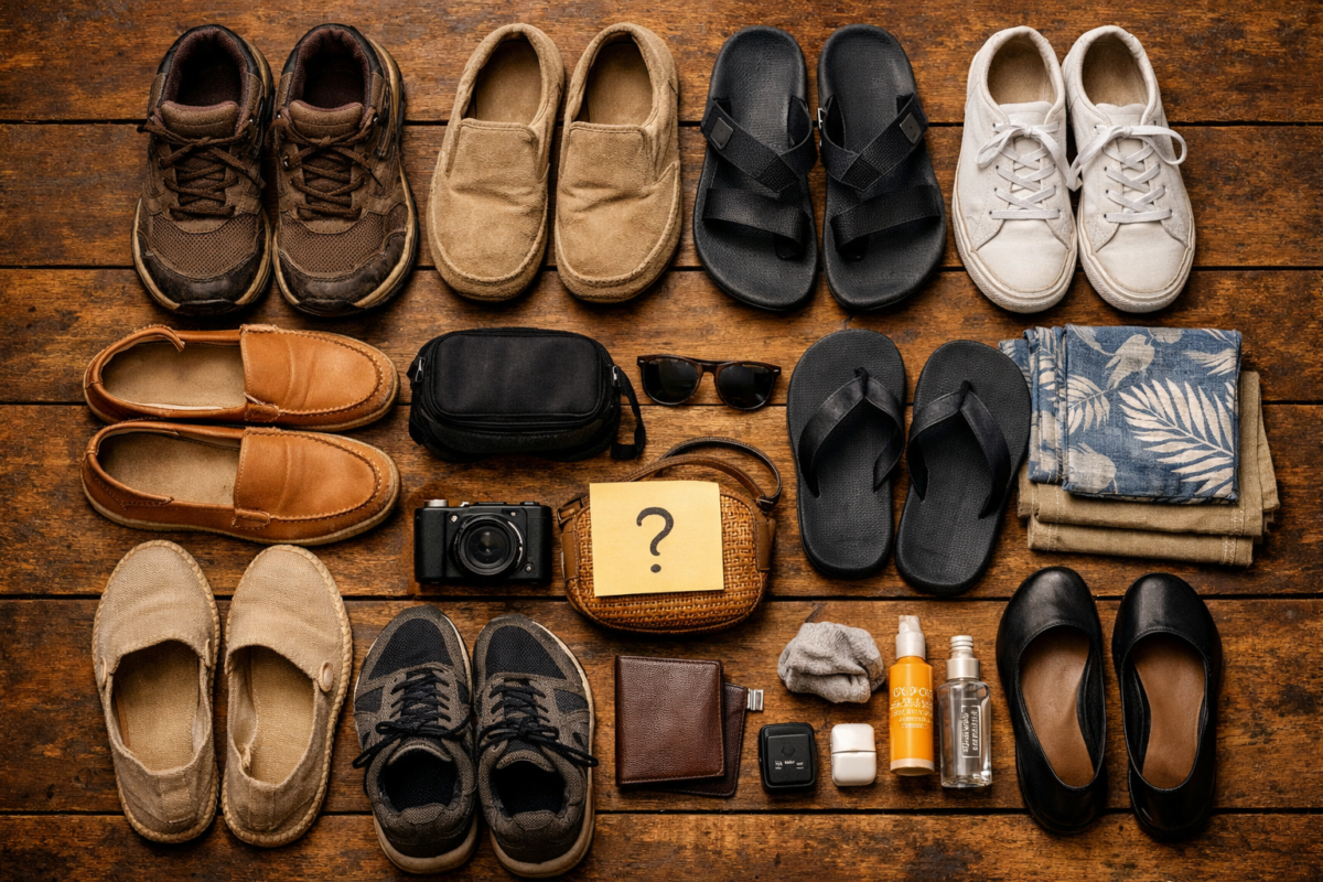A flat‑lay of multiple pairs of travel shoes—sneakers, sandals, loafers, and hiking boots—arranged on a rustic wooden surface with a question mark note in the center.