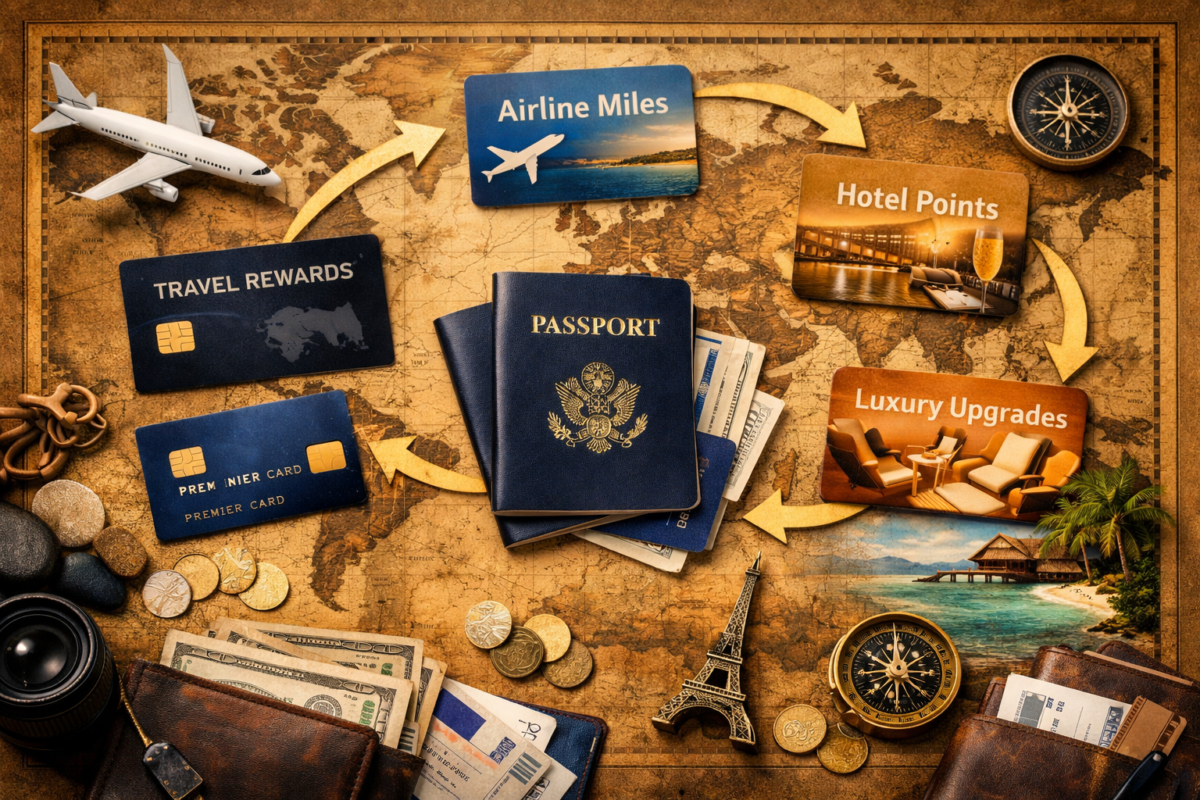 Passports, credit cards, and loyalty program cards arranged on a vintage world map. travel rewards credit card points