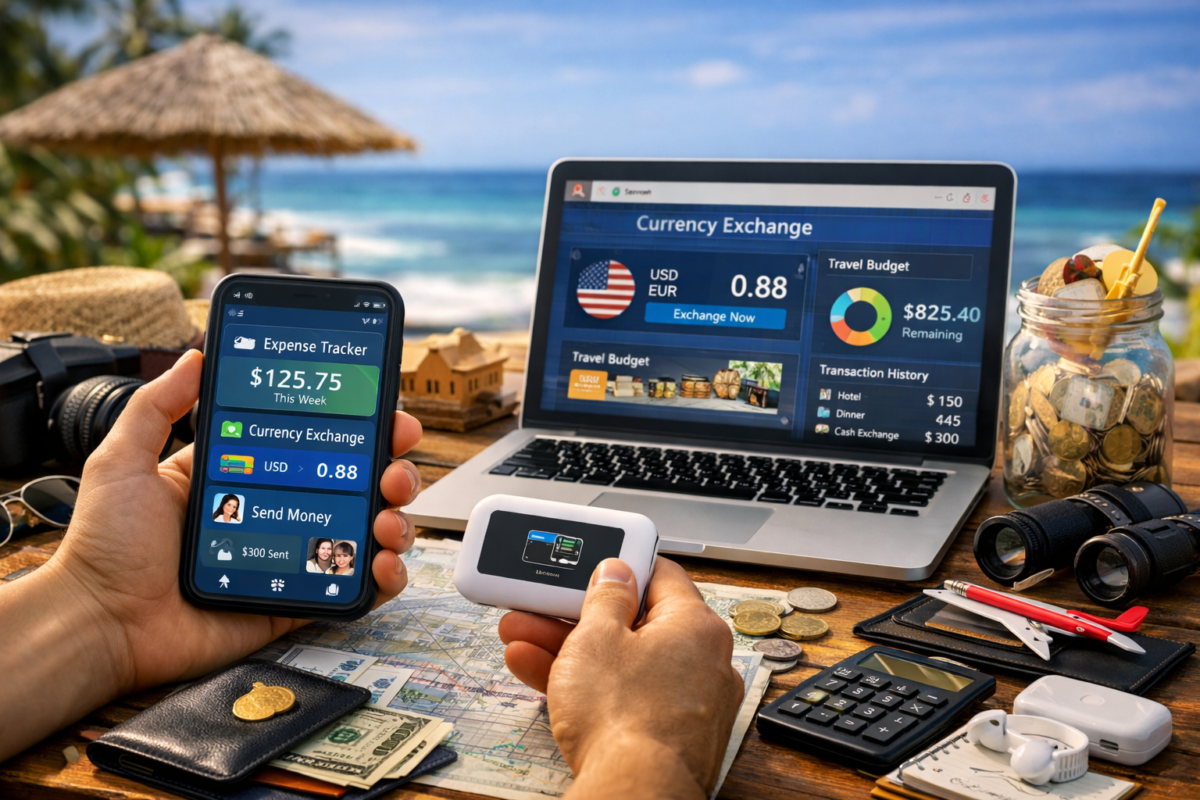 Traveler using phone and laptop to manage travel expenses and currency exchange at a tropical beachside table. Travel App 