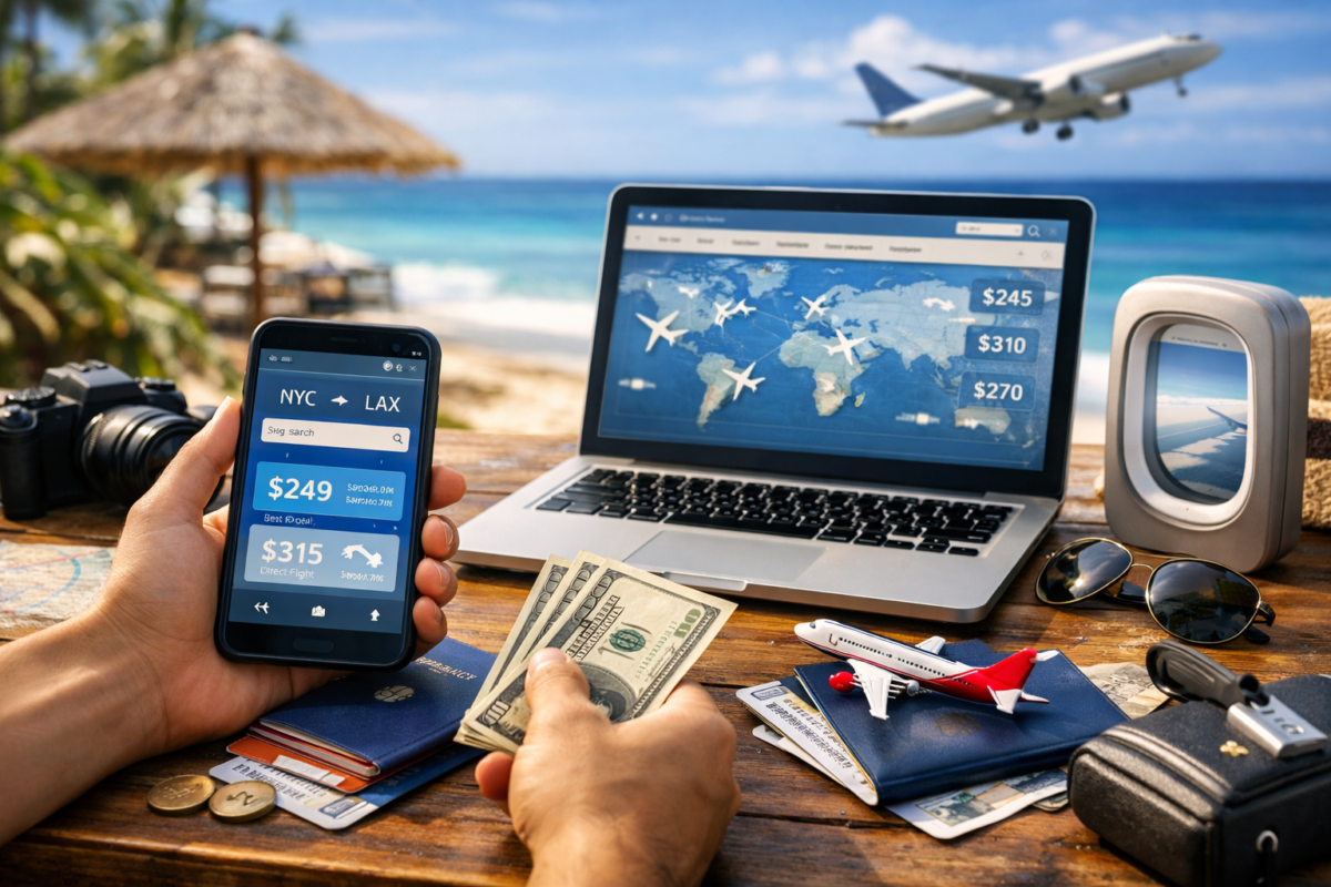 Traveler using phone and laptop to book flights with travel apps. best travel apps
