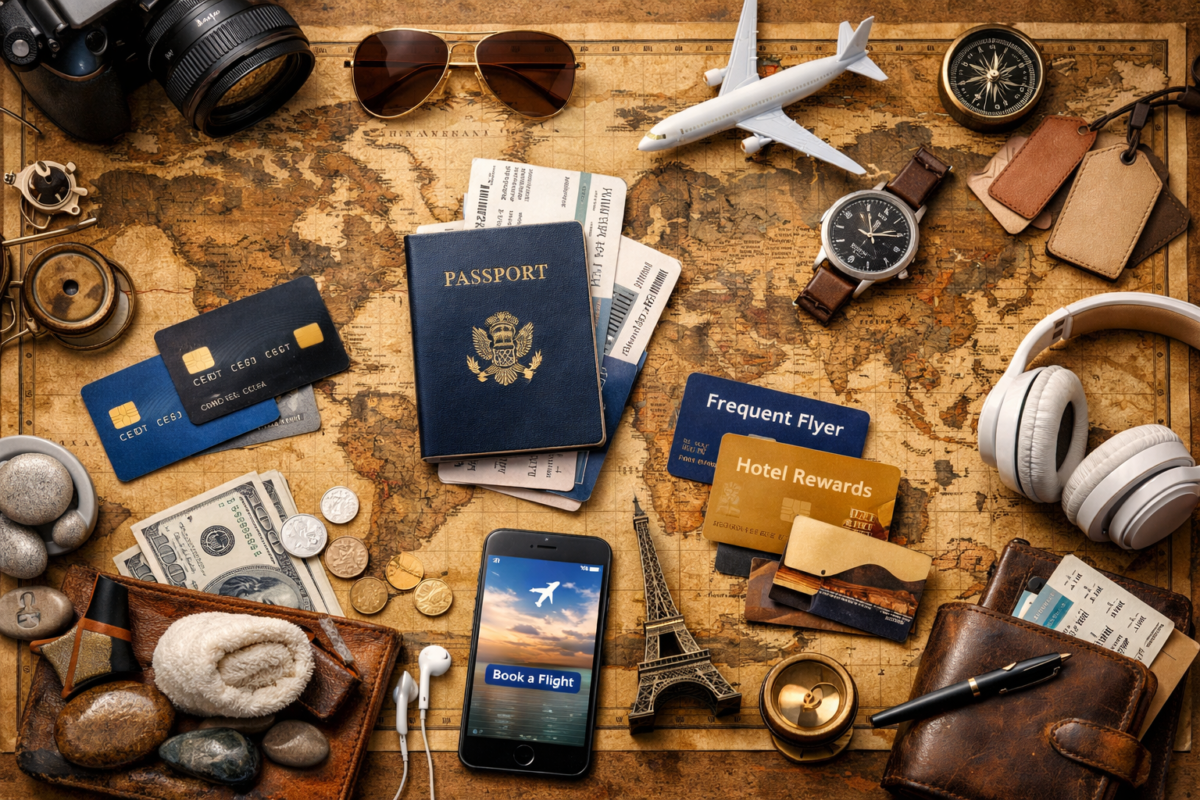 Flat‑lay of travel essentials with credit cards, passport, and world map. travel rewards cards guide