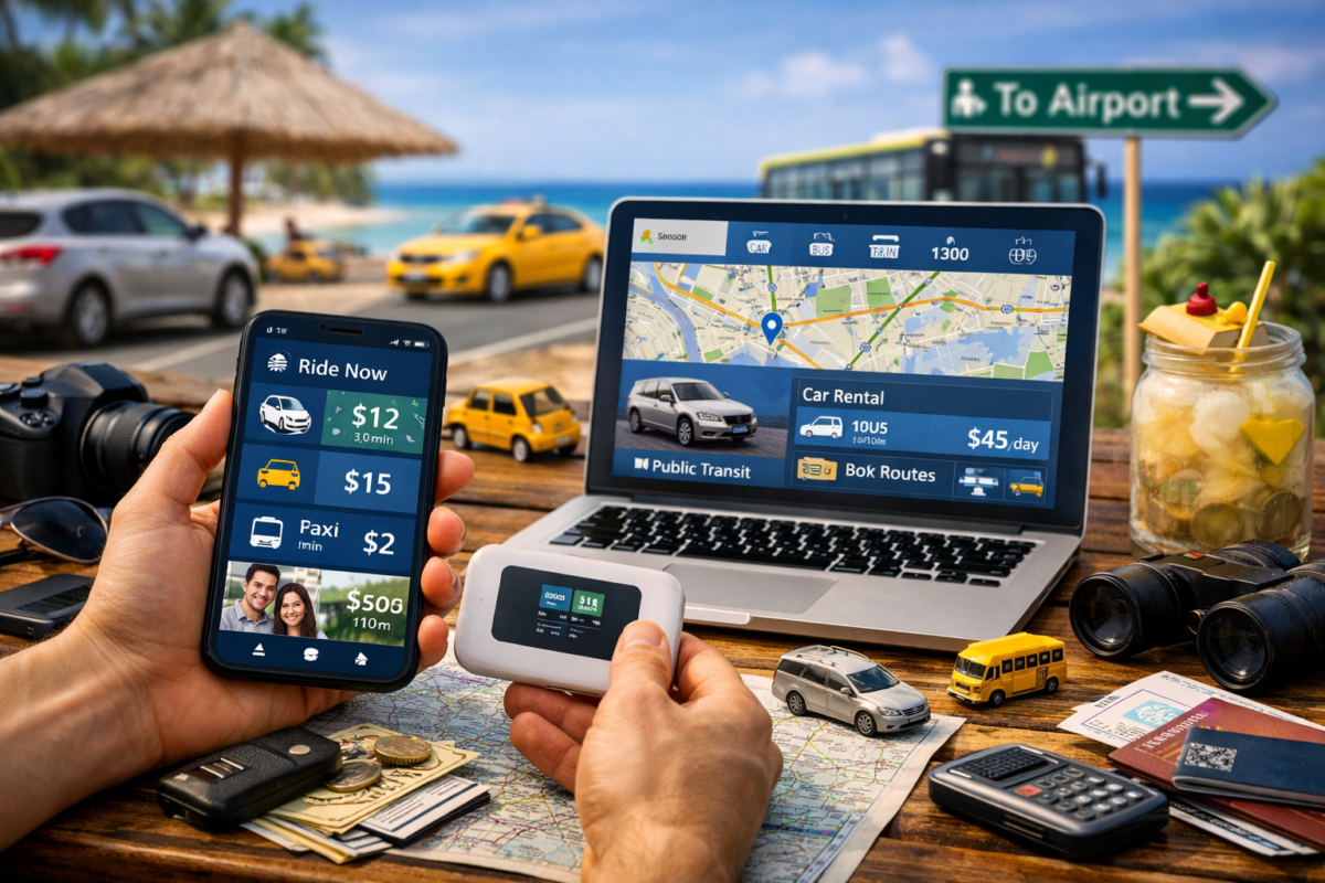 Traveler using phone and laptop to book rides and check transport options in a tropical setting