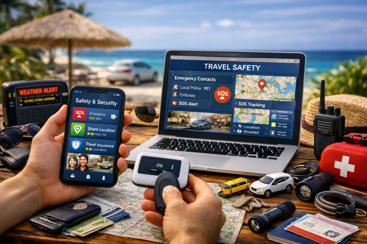 Traveler using phone and laptop to check safety and protection apps in a tropical setting