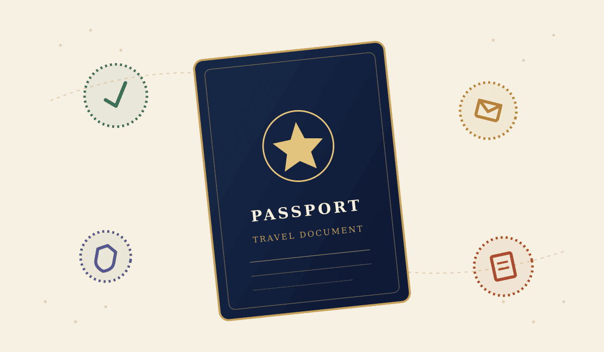 Illustration of a passport surrounded by colour-coded visa and entry stamps, representing the visa requirements checker tool
