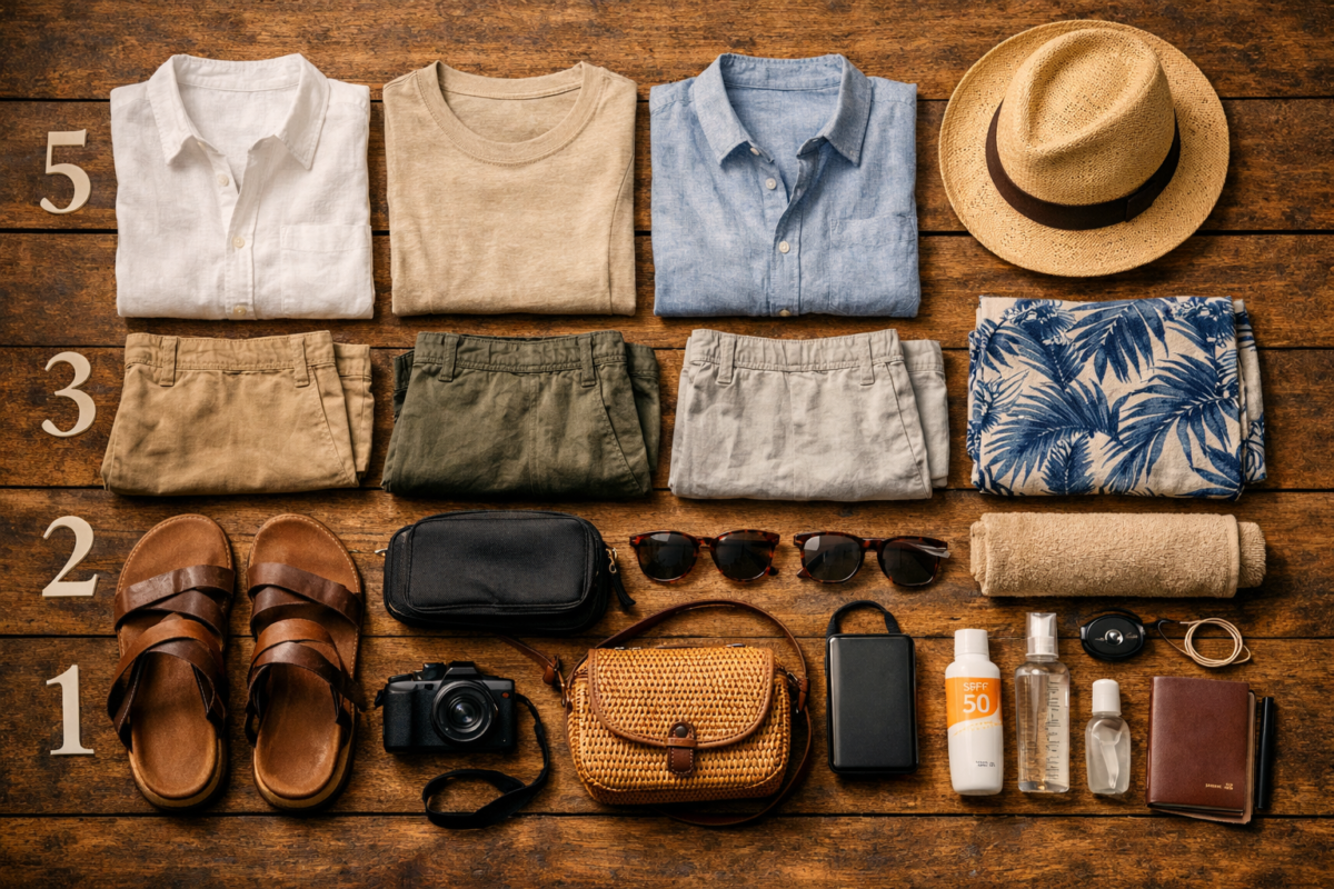A flat‑lay of light, breathable clothing and travel accessories arranged on a rustic wooden surface—linen shirts, cotton shorts, sandals, and a straw hat. Packing List