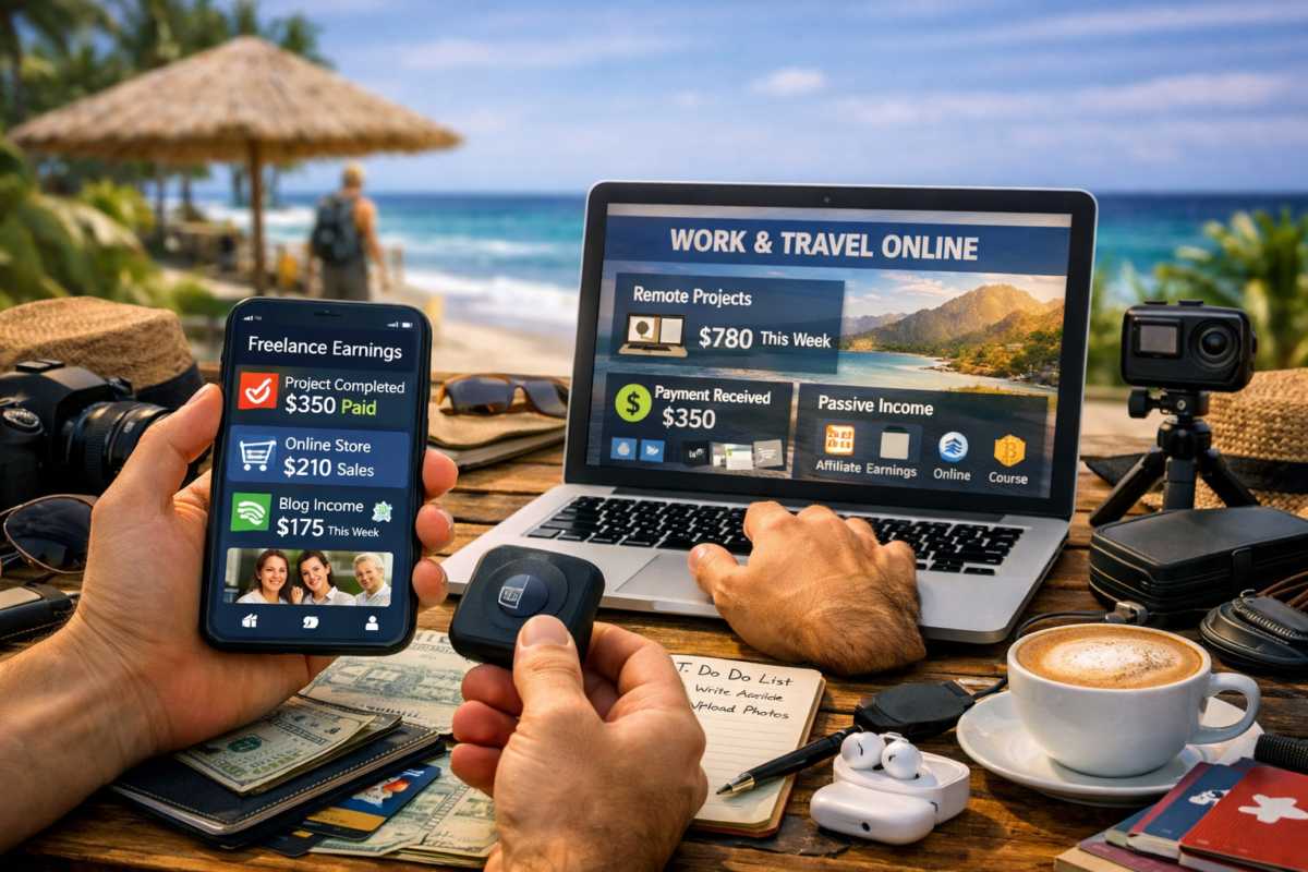 Traveler using phone and laptop to manage freelance projects, online sales, and blog income at a tropical beachside table. Travel Full-Time