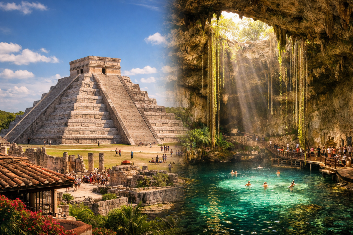 Ancient Mayan ruins of Chichen Itza and a hidden cenote in the Yucatan Peninsula. Mexico budget guide