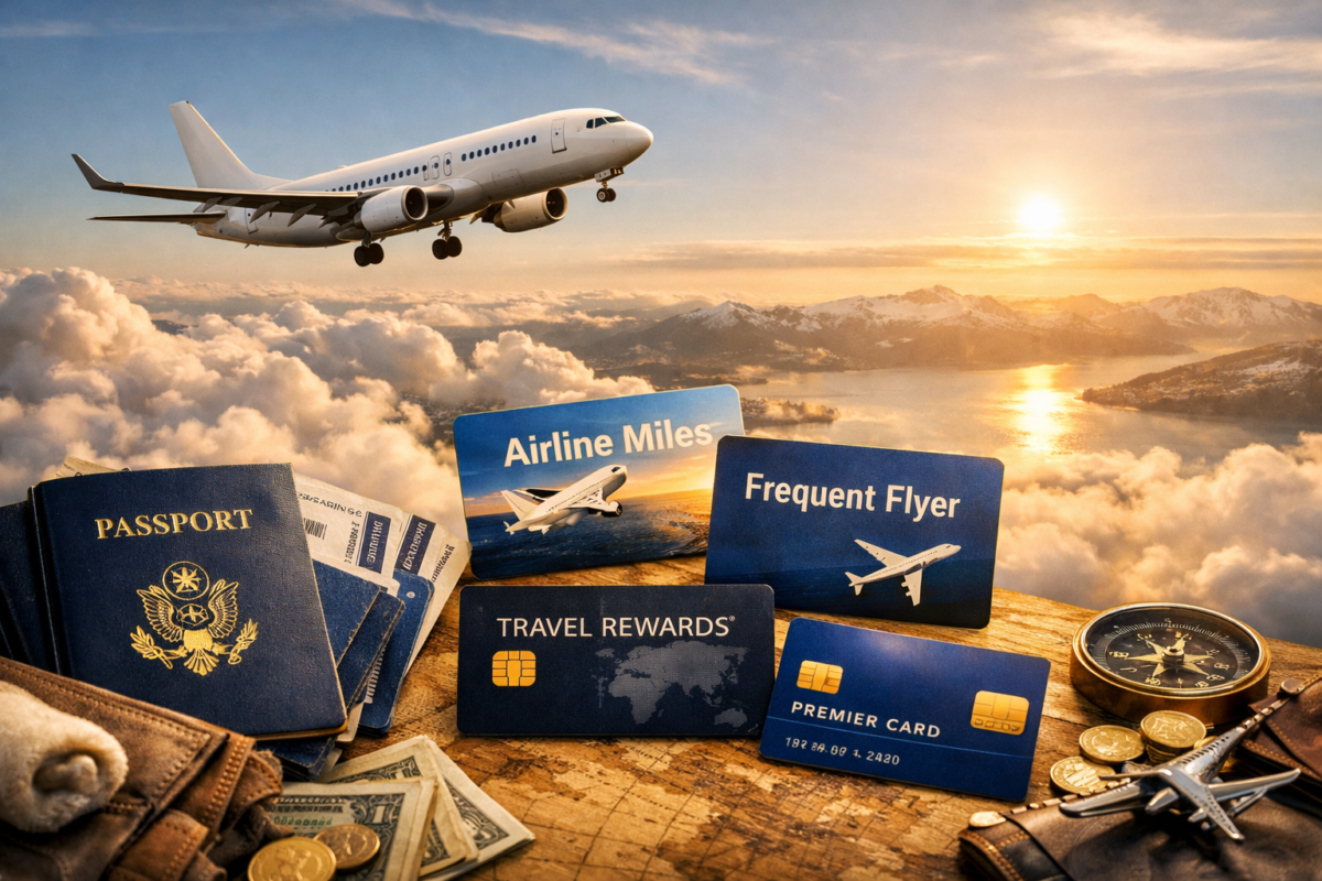 Airplane soaring above clouds at sunset with travel cards and passport in view. how to use credit card points for travel