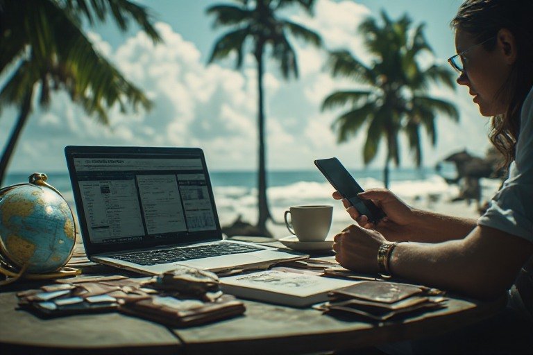 Traveler managing expenses and budgets with phone and laptop in a tropical setting. full time travel on a budget