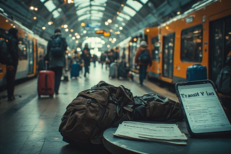 Traveler organizing luggage and storage while managing transit day logistics at a busy station