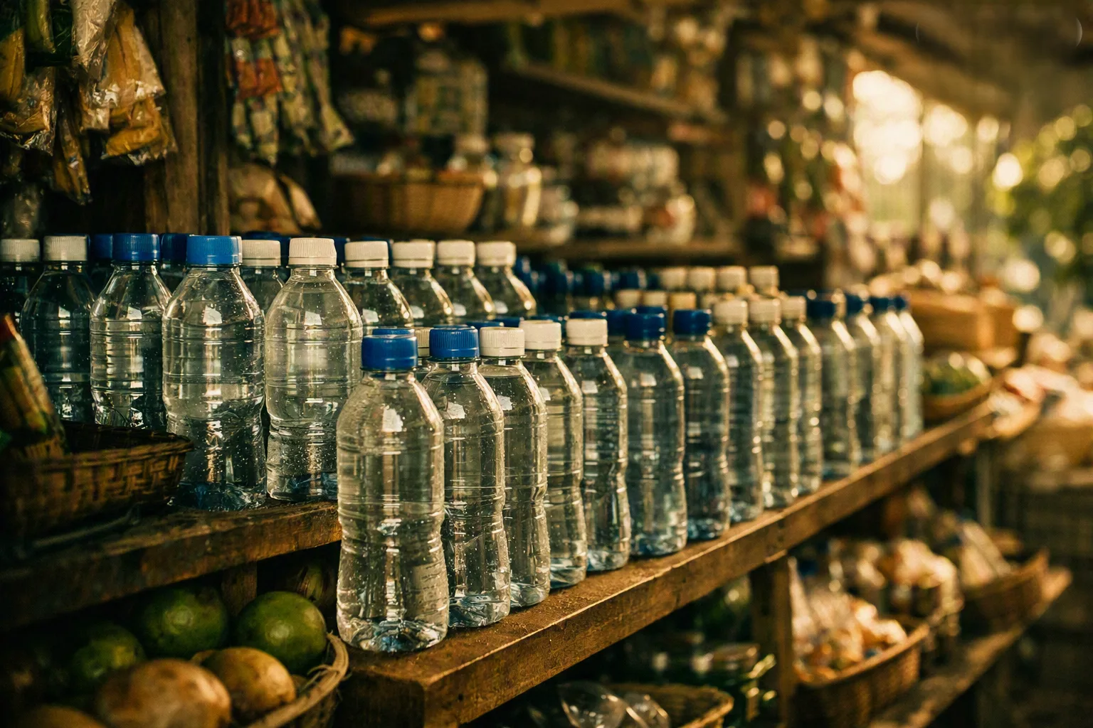 Bottled water for sale at a local market in a destination with limited tap water infrastructure
