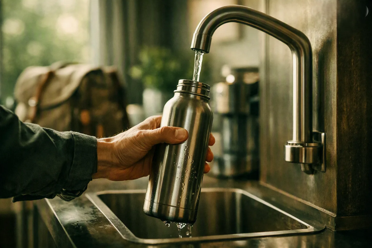 Tap water safety checker showing traveler filling a reusable water bottle safely abroad