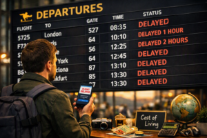 A traveler stands in front of an airport departures board filled with delayed flights, holding a smartphone showing “Flight Delay cancellation compensation.”