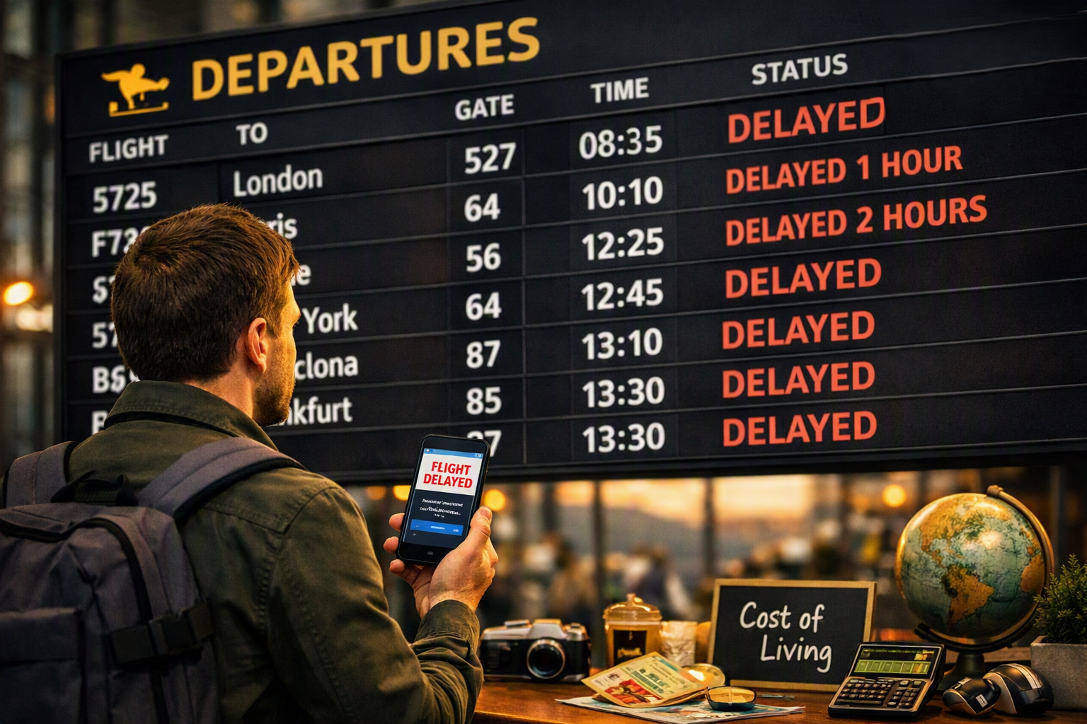 A traveler stands in front of an airport departures board filled with delayed flights, holding a smartphone showing “Flight Delay cancellation compensation.”
