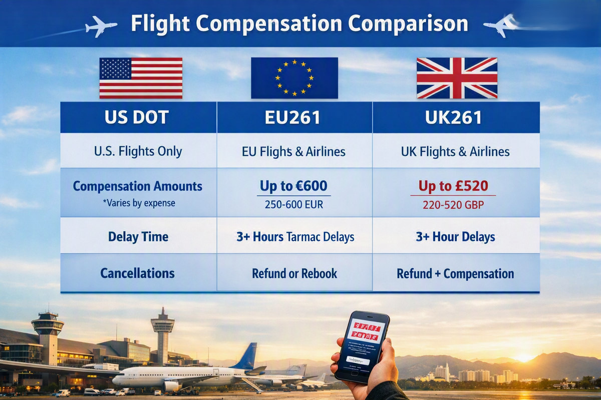 US DOT vs EU261 vs UK261 compensation comparison, flight cancellation refund rules
