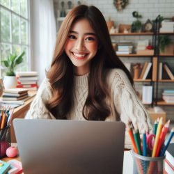 A beautiful young girl sitting in front of a laptop, focused and smiling gently, in a modern indoor setting.